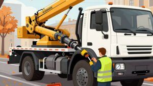 Техник смазывает гидравлику бэушной автовышки КамАЗ для подготовки техники к осени в Санкт-Петербурге