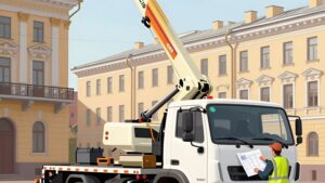 Белая б/у автовышка КамАЗ на фоне исторической архитектуры центра Санкт-Петербурга для выполнения высотных работ