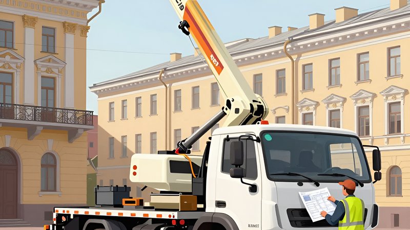 Белая б/у автовышка КамАЗ на фоне исторической архитектуры центра Санкт-Петербурга для выполнения высотных работ