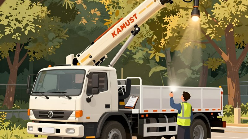 Инспектор проверяет гидравлику бэушной автовышки КамАЗ перед началом сезона в сервисе Автовышки СПб